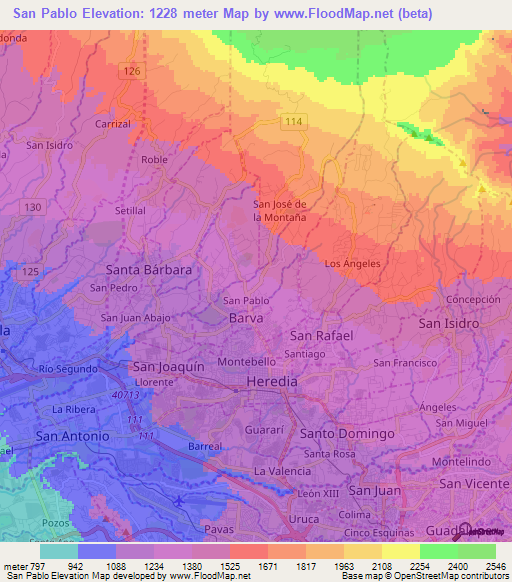 San Pablo,Costa Rica Elevation Map