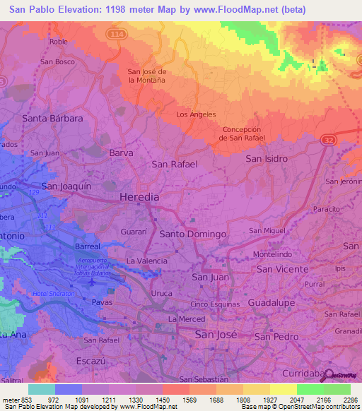 San Pablo,Costa Rica Elevation Map