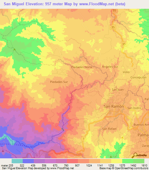 San Miguel,Costa Rica Elevation Map