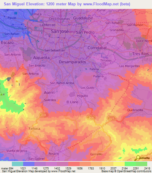 San Miguel,Costa Rica Elevation Map