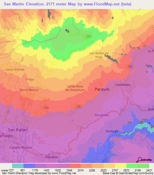 San Martin,Costa Rica Elevation Map