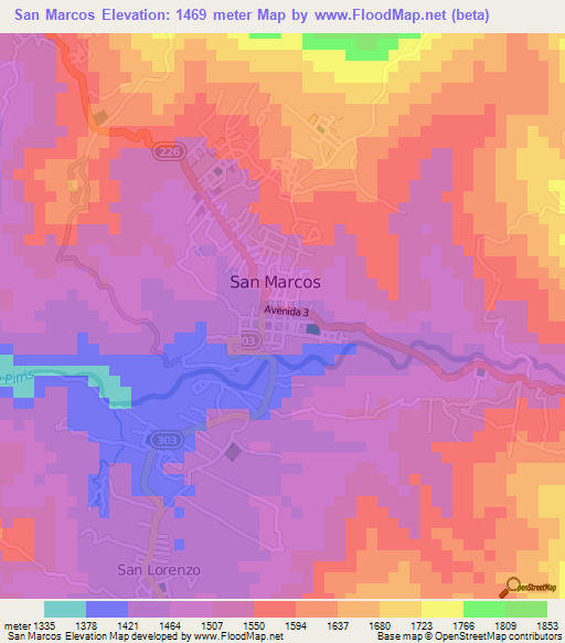 San Marcos,Costa Rica Elevation Map