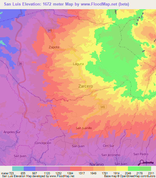 San Luis,Costa Rica Elevation Map