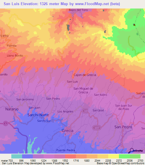 San Luis,Costa Rica Elevation Map