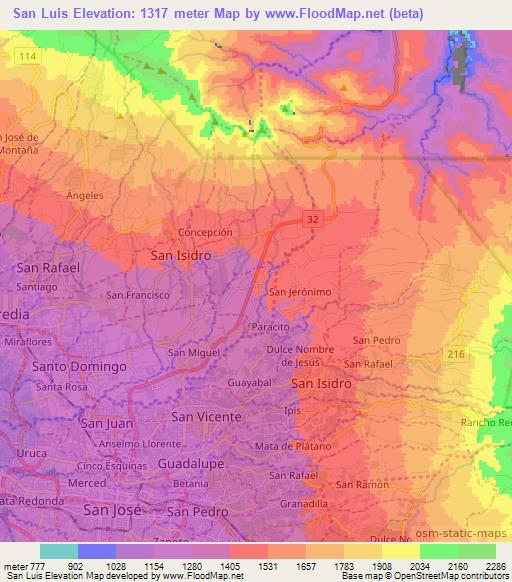 San Luis,Costa Rica Elevation Map