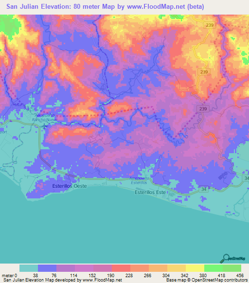 San Julian,Costa Rica Elevation Map