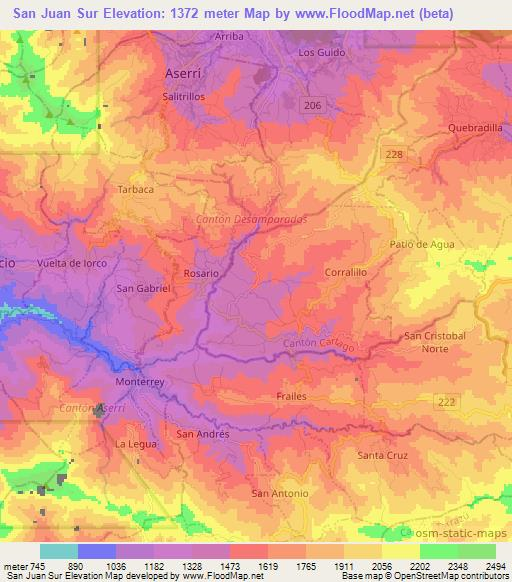 San Juan Sur,Costa Rica Elevation Map