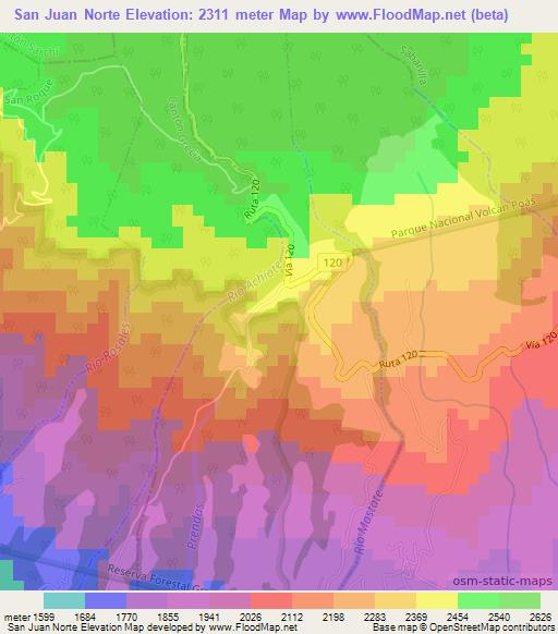 San Juan Norte,Costa Rica Elevation Map