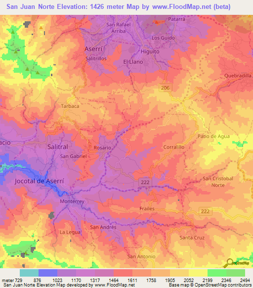 San Juan Norte,Costa Rica Elevation Map