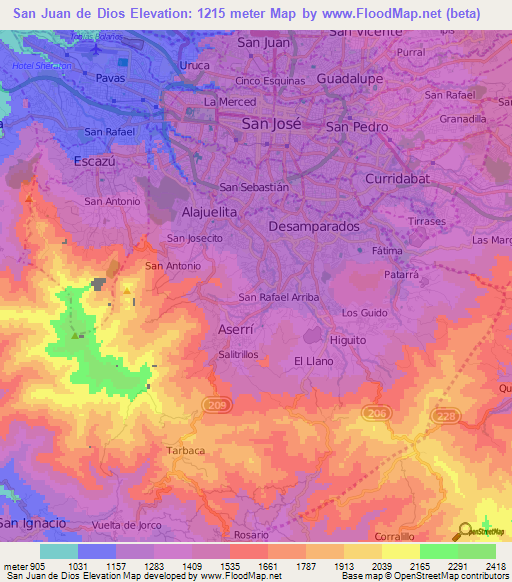 San Juan de Dios,Costa Rica Elevation Map