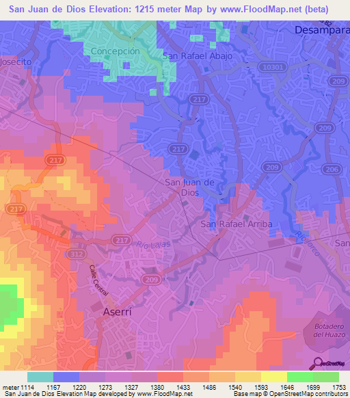 San Juan de Dios,Costa Rica Elevation Map