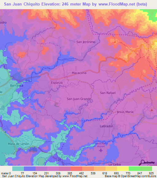 San Juan Chiquito,Costa Rica Elevation Map