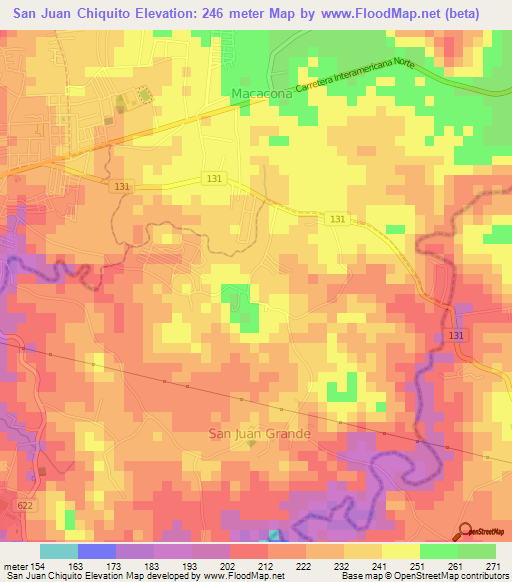 San Juan Chiquito,Costa Rica Elevation Map