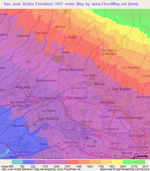 San Juan Arriba,Costa Rica Elevation Map
