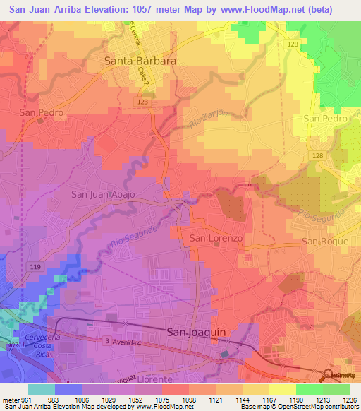 San Juan Arriba,Costa Rica Elevation Map