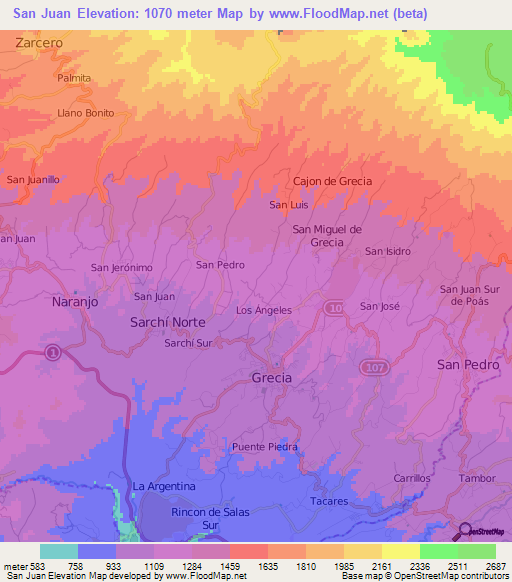 San Juan,Costa Rica Elevation Map