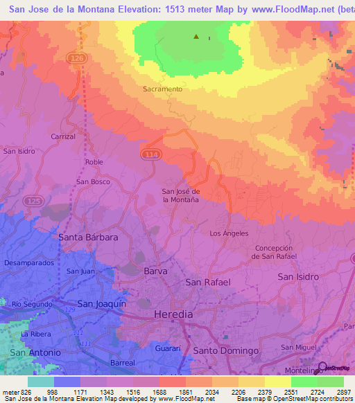 San Jose de la Montana,Costa Rica Elevation Map