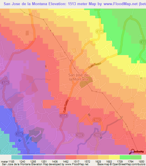 San Jose de la Montana,Costa Rica Elevation Map