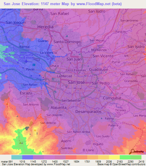 San Jose,Costa Rica Elevation Map
