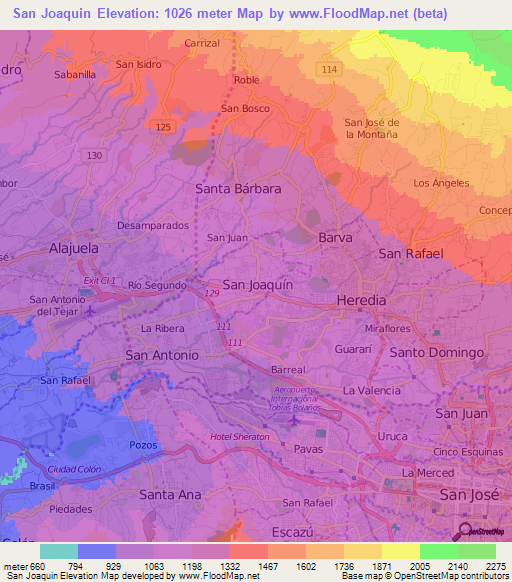 San Joaquin,Costa Rica Elevation Map
