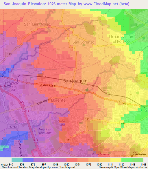 San Joaquin,Costa Rica Elevation Map