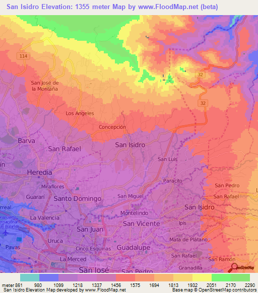 San Isidro,Costa Rica Elevation Map
