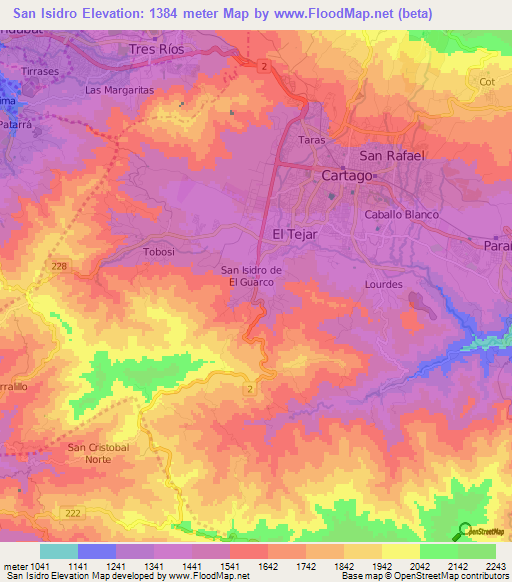 San Isidro,Costa Rica Elevation Map