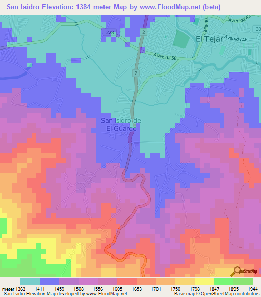 San Isidro,Costa Rica Elevation Map