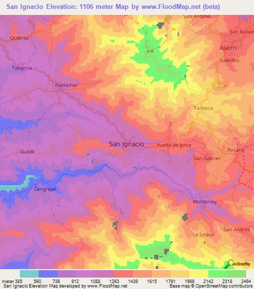 San Ignacio,Costa Rica Elevation Map