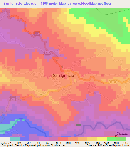 San Ignacio,Costa Rica Elevation Map