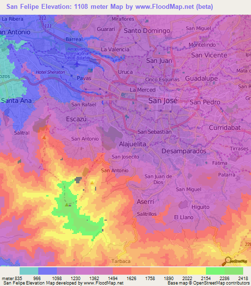 San Felipe,Costa Rica Elevation Map