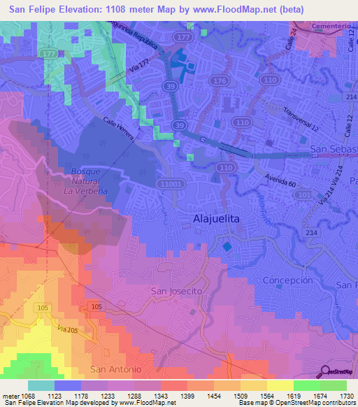 San Felipe,Costa Rica Elevation Map
