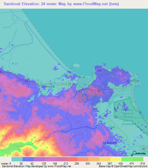 Sandoval,Costa Rica Elevation Map