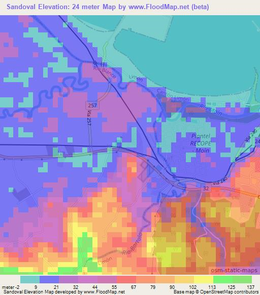 Sandoval,Costa Rica Elevation Map