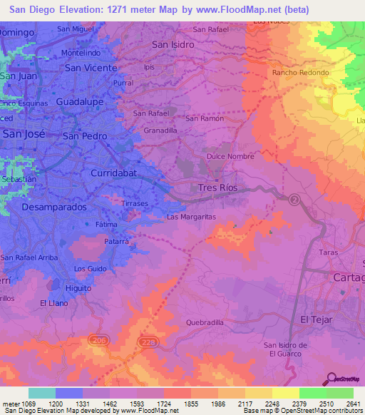 San Diego,Costa Rica Elevation Map