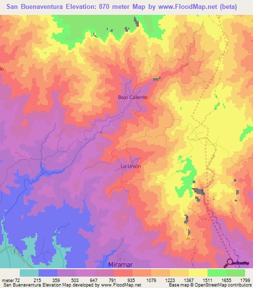 San Buenaventura,Costa Rica Elevation Map