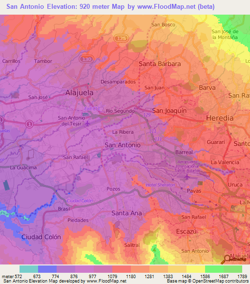 San Antonio,Costa Rica Elevation Map