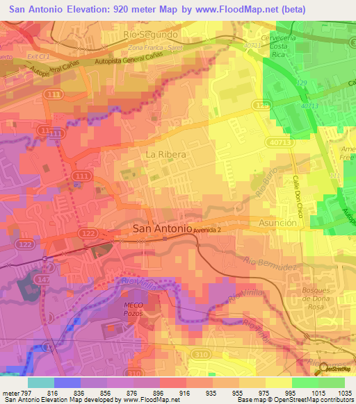 San Antonio,Costa Rica Elevation Map