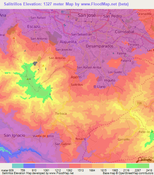 Salitrillos,Costa Rica Elevation Map