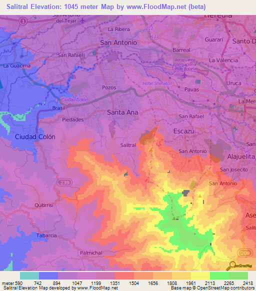 Salitral,Costa Rica Elevation Map
