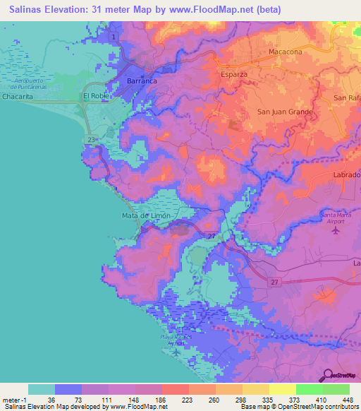 Salinas,Costa Rica Elevation Map