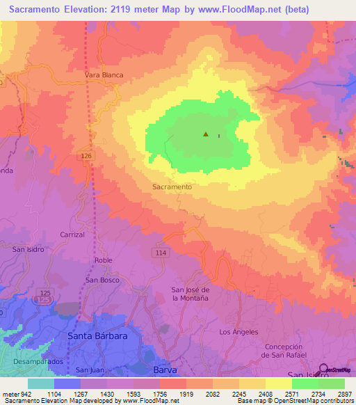 Sacramento,Costa Rica Elevation Map