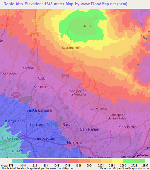 Roble Alto,Costa Rica Elevation Map