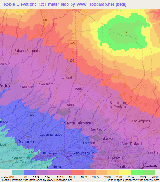 Roble,Costa Rica Elevation Map