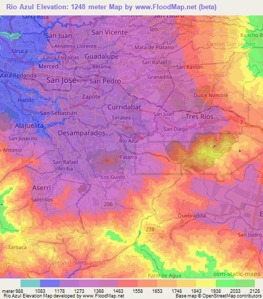 Rio Azul,Costa Rica Elevation Map