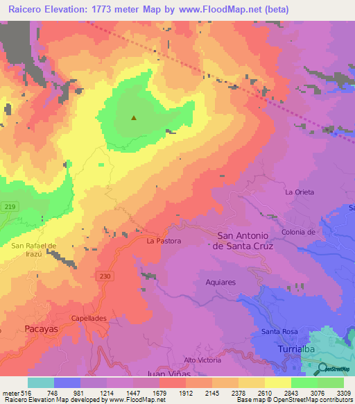 Raicero,Costa Rica Elevation Map