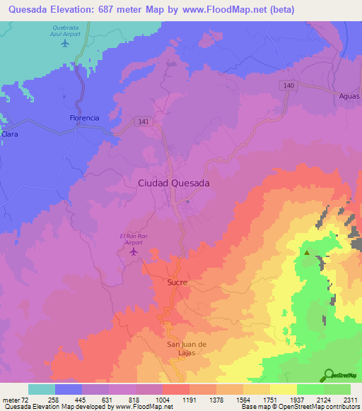 Quesada,Costa Rica Elevation Map