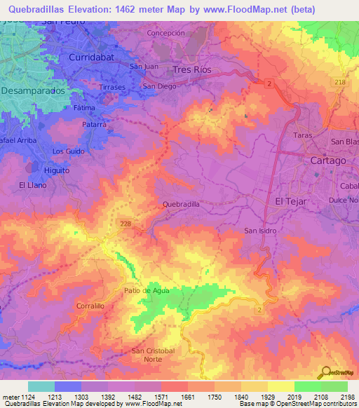 Quebradillas,Costa Rica Elevation Map