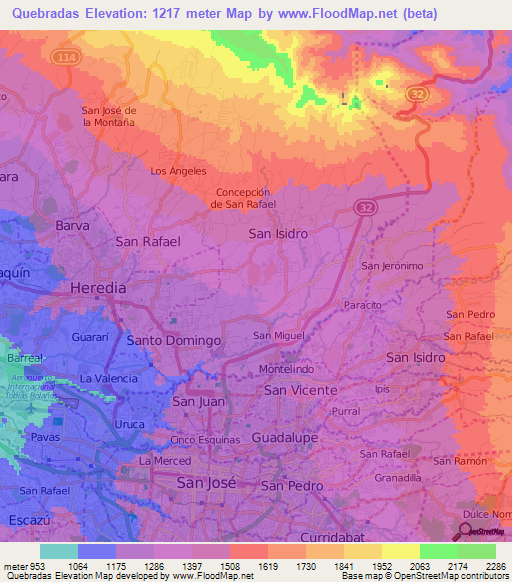 Quebradas,Costa Rica Elevation Map