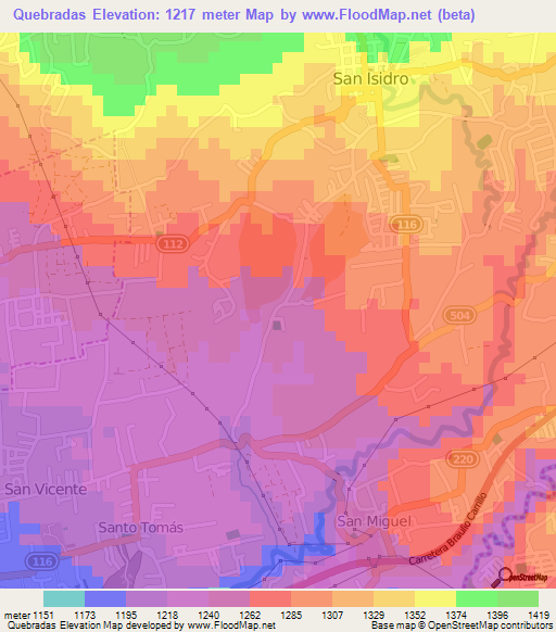 Quebradas,Costa Rica Elevation Map
